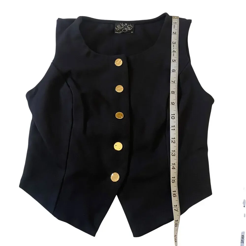 Women's Classic Size Medium Black Sleeveless Button-Front Vest with Gold Buttons